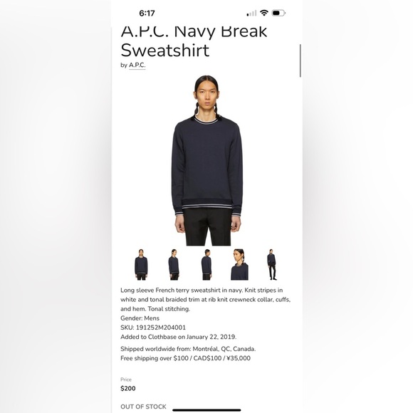A.P.C. Navy Break Sweatshirt NWOT Size Medium - Picture 3 of 8